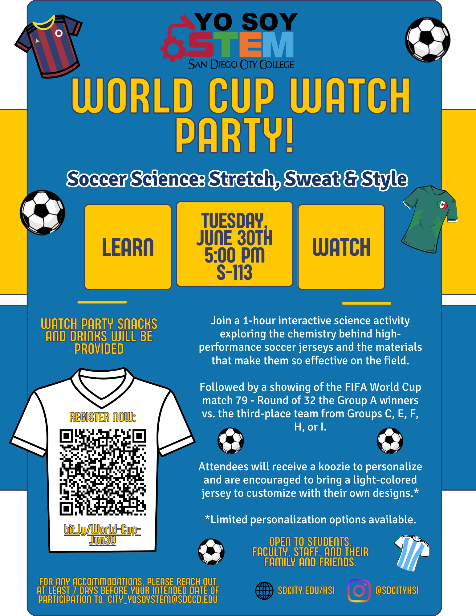 World Cup Watch Party flyer for Soccer Science Stretch Sweat and Style on June 30